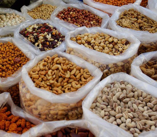 Picture of bags of dried fruits, and nuts from Afghanistan.